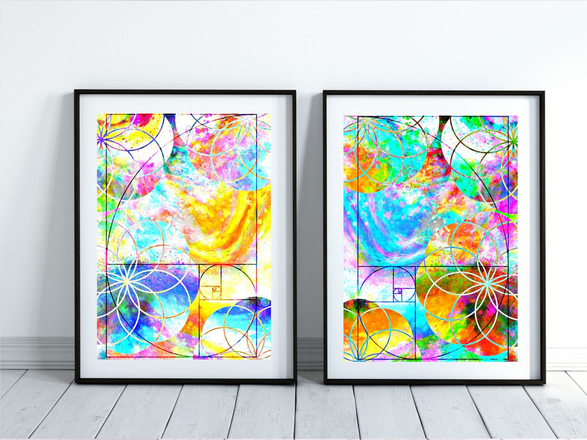 Sacred geometry art prints set of 2, Fibonacci art