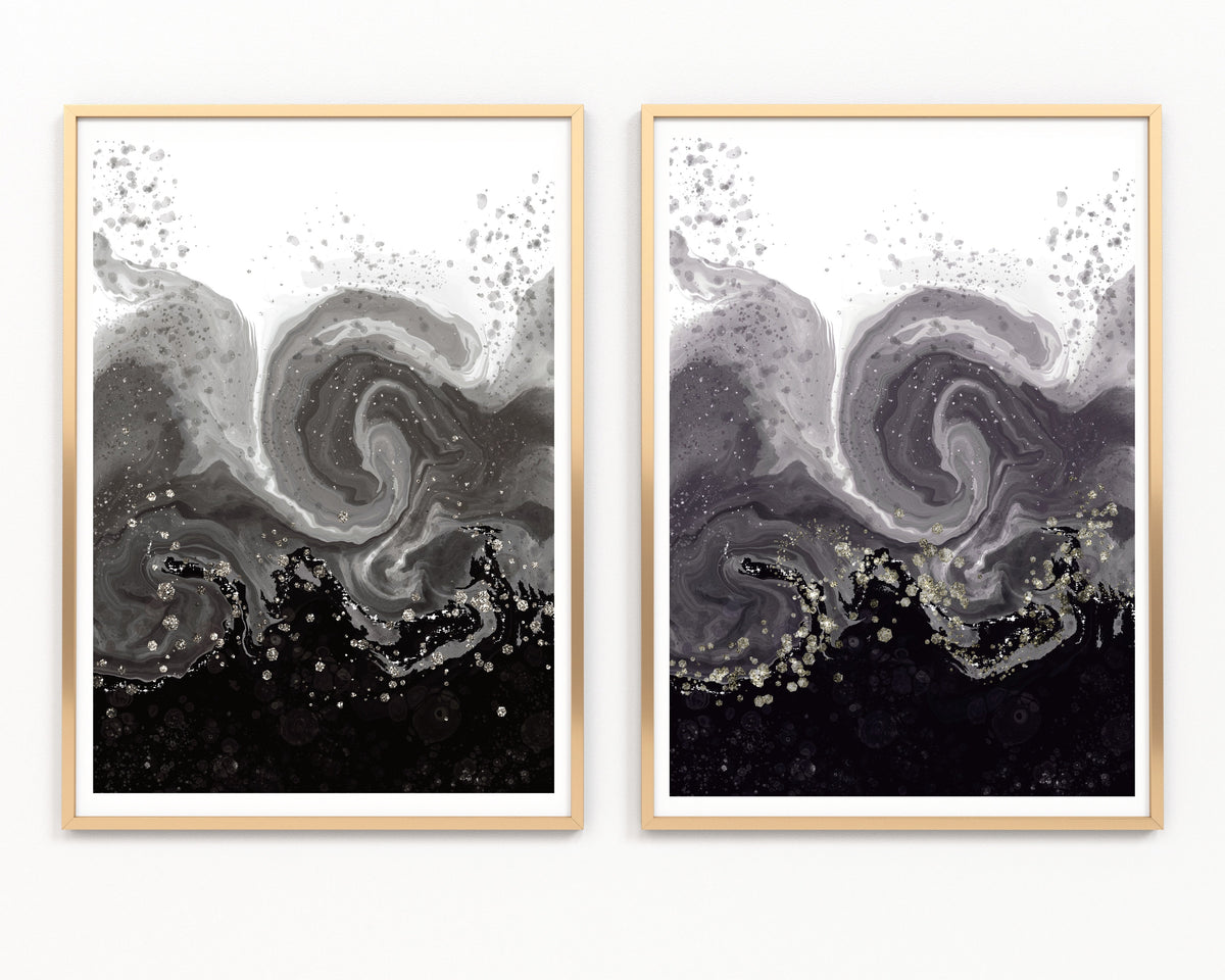 Coastal abstract wall art, set of 2 art prints, grey and embellished, calming soothing,displayed in golden frames.