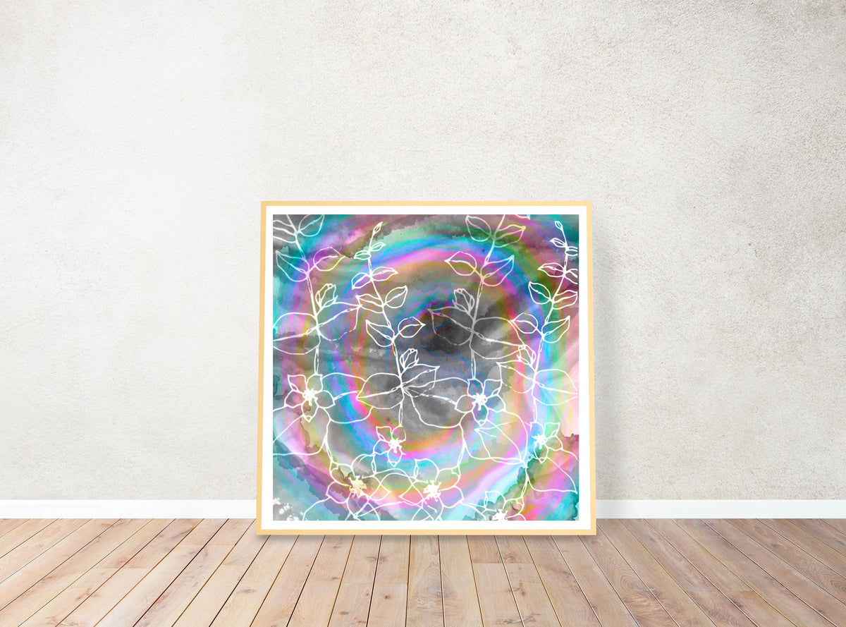 Abstract art print, floral, rainbow colours