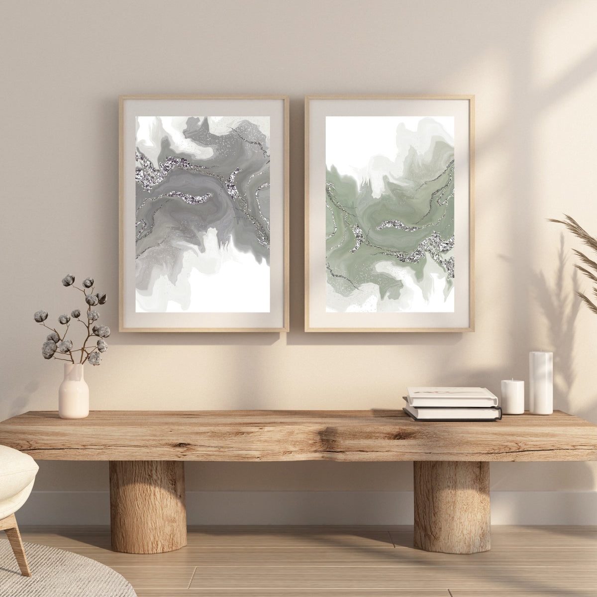 Abstract art prints, neutral tones, set of two