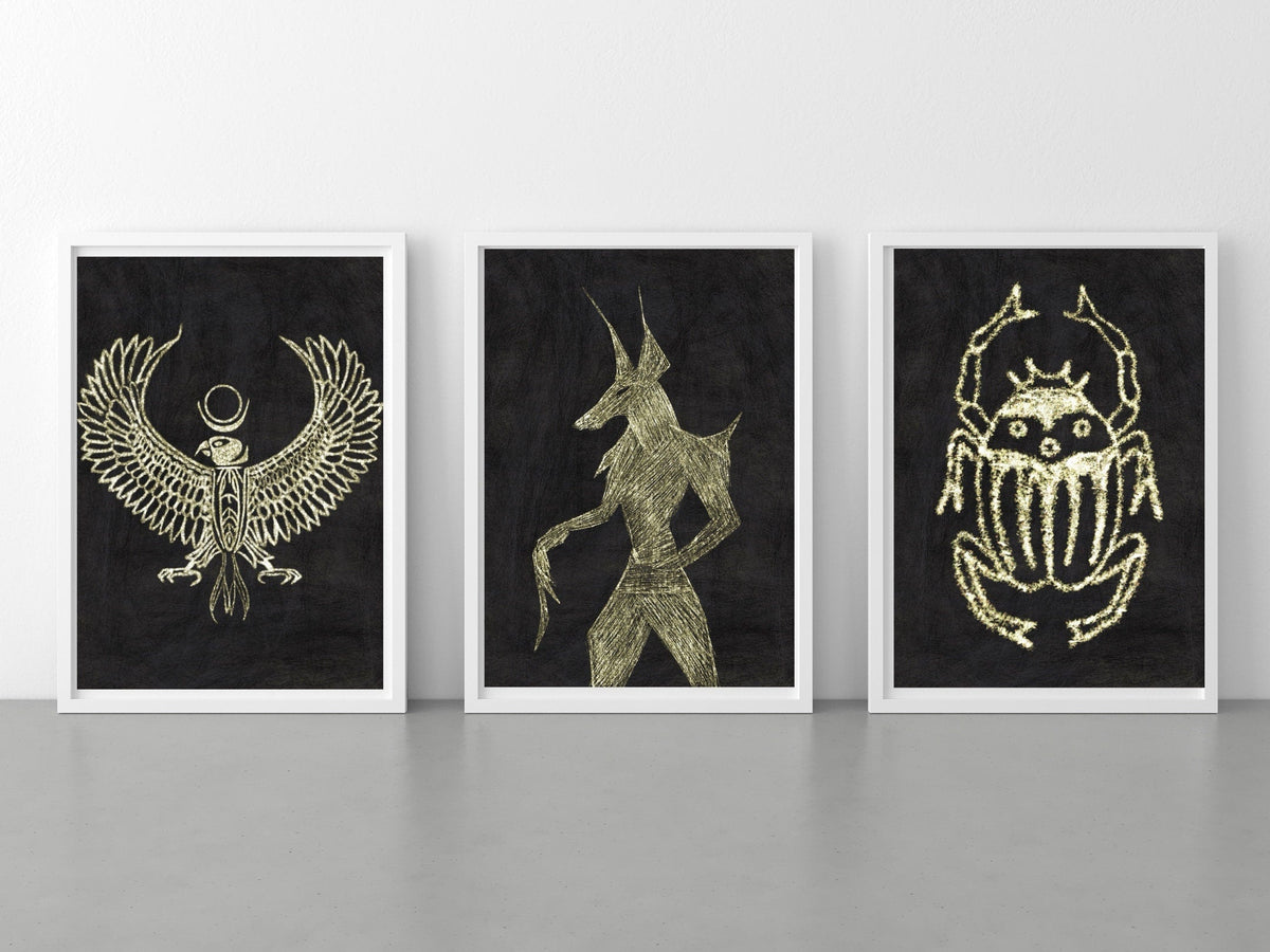 Ancient Egyptian art prints, set of three, black and gold