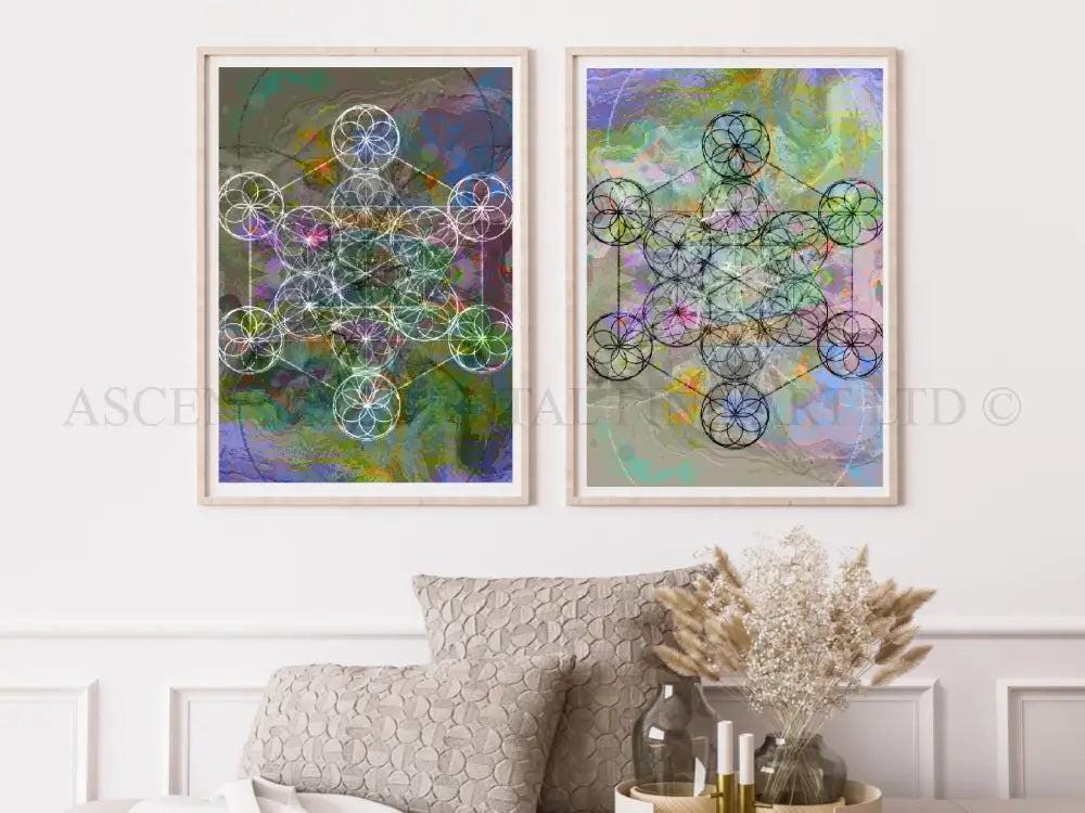 Metatrons cube art prints set set, sacred geometry wall art